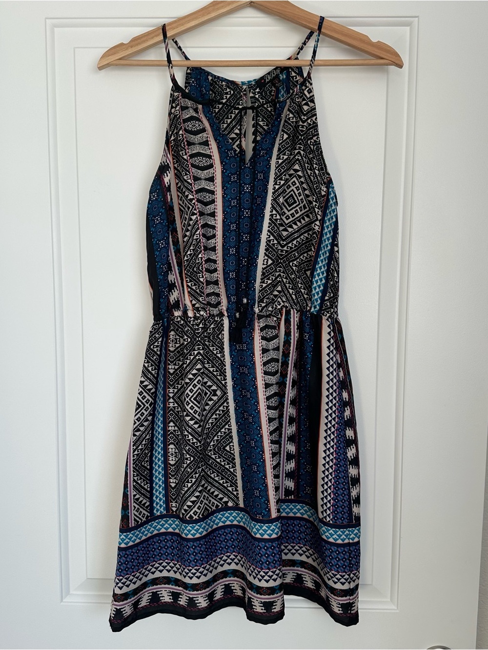 BeBop Patterned Halter Midi Dress in Blue, Black and Cream